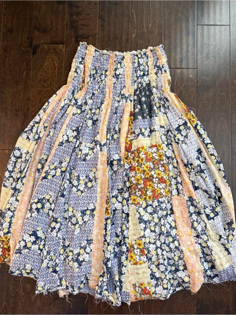 NATURAL LIFE Floral Patchwork Smocked Waist Midi Skirt - Blue & Peach